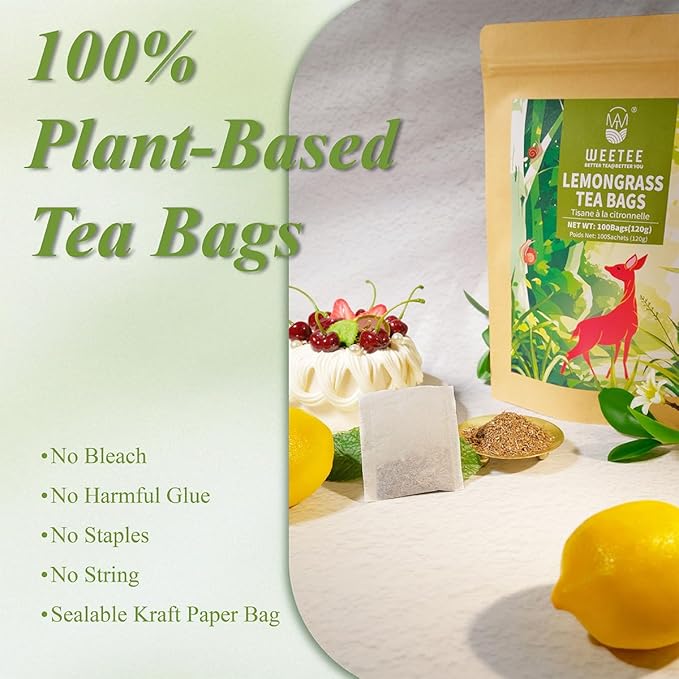 WT WEETEE Lemongrass Tea Bags, 100 Count Pure Lemon Grass Leaves Tea Bags, Natural Caffeine Free