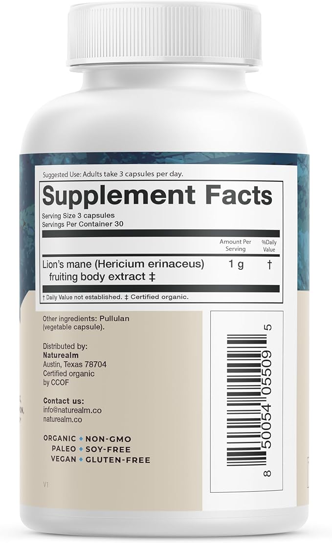 Naturealm Lions Mane Mushroom Supplement - Organic Brain Support for Focus Memory Mental Clarity
