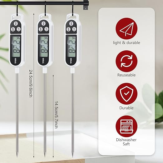 6 Pcs Instant Read Meat Thermometer with Long Probe 9.65 Inch Kitchen Cooking Food Candy Waterproof