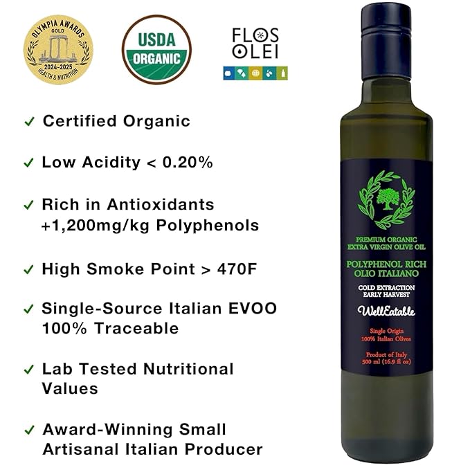 WellEatable Robust +1,200 mg/kg Polyphenol Rich Olio Italiano, New 2024-2025 Early Harvest Organic
