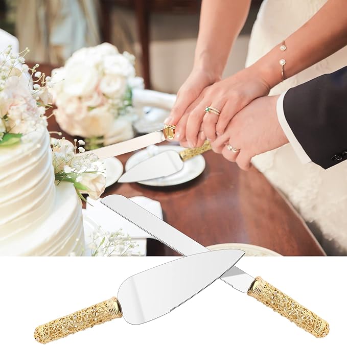 Gold Cake Knife and Server Set - 2 Piece Dessert Set Metal Handle with Crystal Stones Decoration