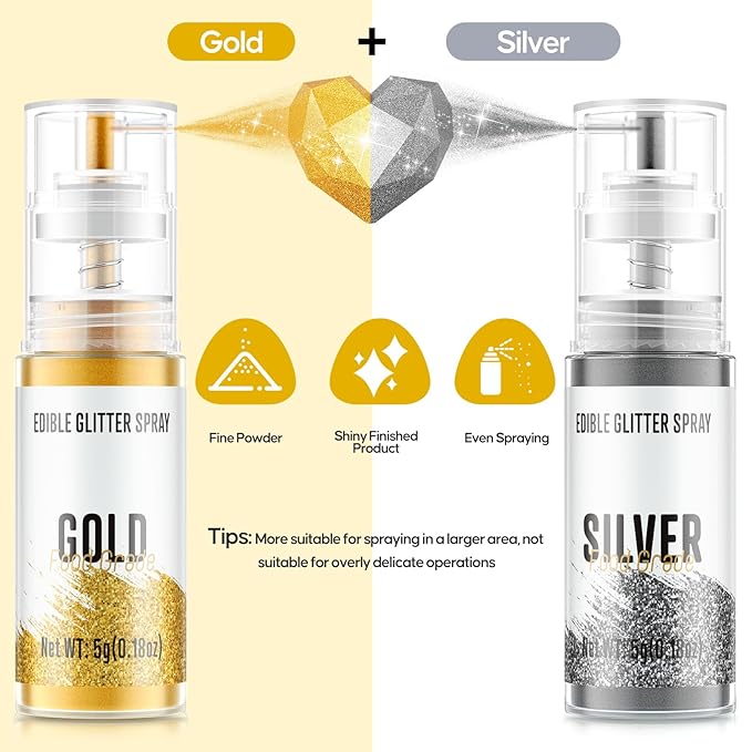 Edible Glitter Spray,Gold & Silver 2 Colors Food Grade Edible Glitter Set for Drink Cake