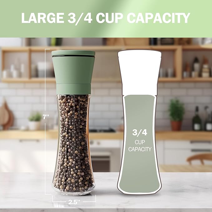 Home EC Premium Green Sea Salt and Pepper Grinder Set of 2 - Adjustable Ceramic - Tall Glass Salt