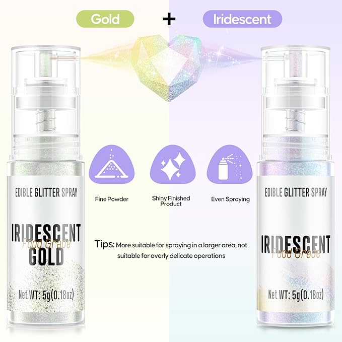 Edible Glitter Spray,2 Colors Iridescent & Iridescent Gold Food Grade Edible Glitter Set for Drink