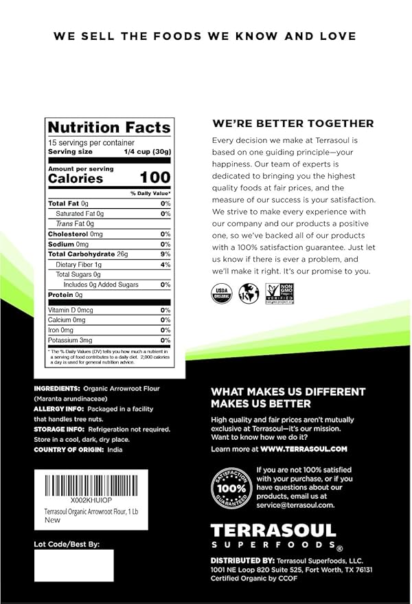 Terrasoul Superfoods Organic Arrowroot Flour, 1 Lb - Gluten-free | Improves Texture for Keto Baking
