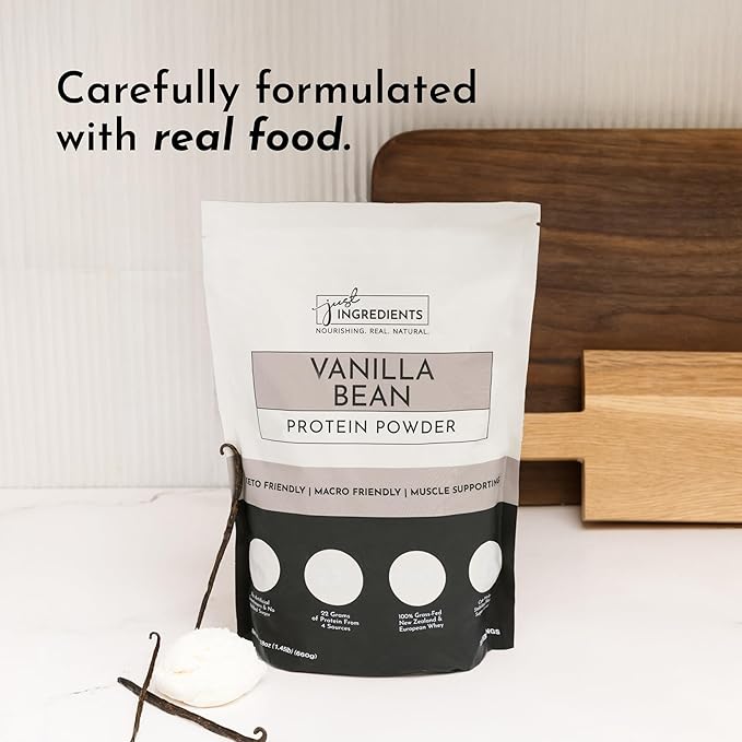 JUST INGREDIENTS Vanilla Bean Protein Powder ??20-Serving Blend with 100% Grass-Fed Whey & Organic