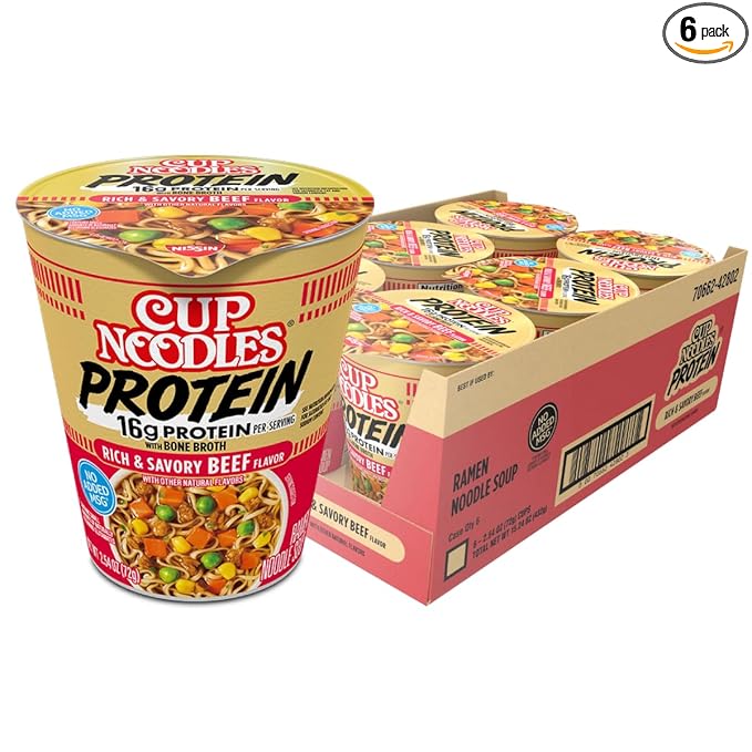 Nissin Cup Noodles Protein Ramen, Beef Flavor with Bone Broth, 16g Protein, 2.54 Ounce Cup (Pack of