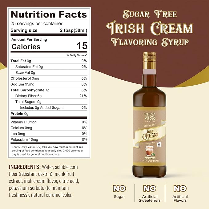 ChocZero Sugar Free Coffee Syrup, Irish Cream Flavor, Simple Syrup Drink Mix, Mudslide Cocktails