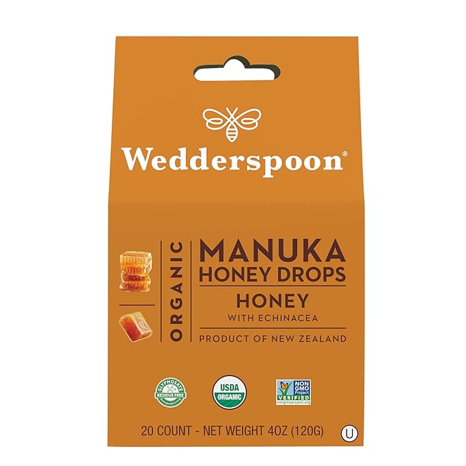 Wedderspoon Organic Manuka Honey Drops, Honey & Echinacea, 20 Count (Pack of 1) | Genuine New