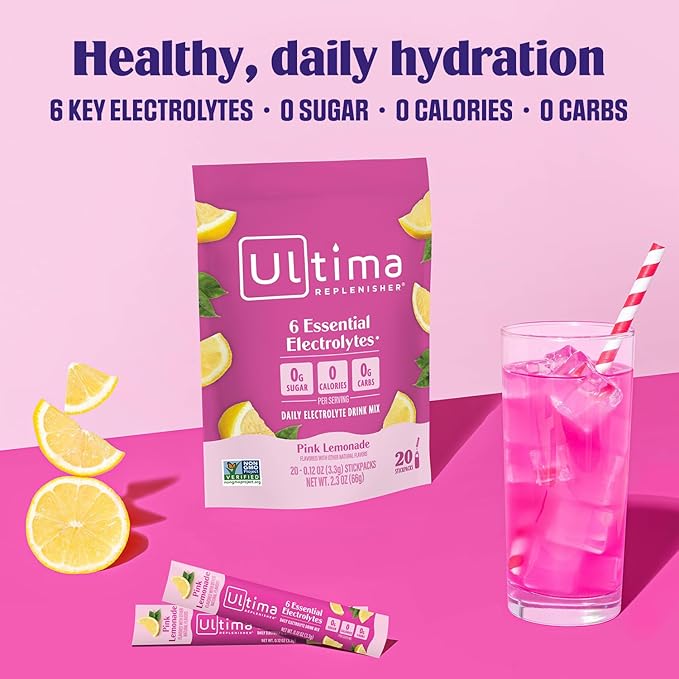 Ultima Replenisher Daily Electrolyte Powder Drink Mix ??Sugar Free ??Pink Lemonade, 20 Stickpacks