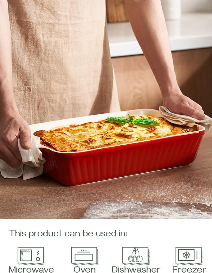 DOWAN 9x13-inch Deep Casserole Baking Dish for Lasagna, 135 oz Ceramic Pan with Handles, Oven Safe