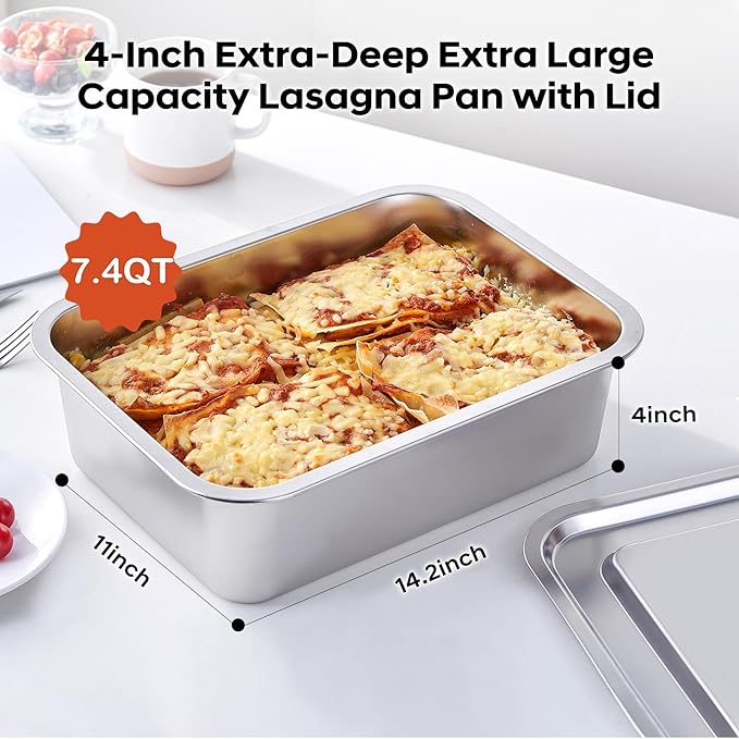 4-Piece 4 Inch Extra Deep Lasagna Baking Pan with Lid, 11x14.2Inch 7.4QT Large Stainless Steel
