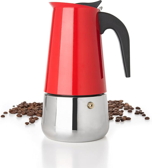 Mixpresso Red 6 Cup Greca Stovetop Espresso Pot 300ml/10oz, Moka Pot with Coffee Percolator Design