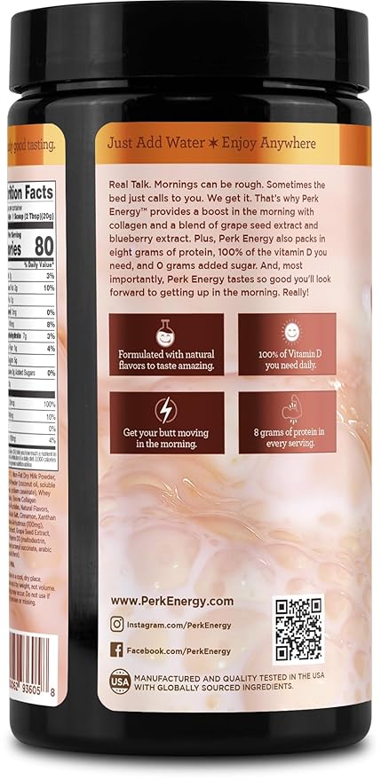Perk Energy Original Horchata Energy Drink Powder (20 Servings) - Gluten-Free, Peanut-Free