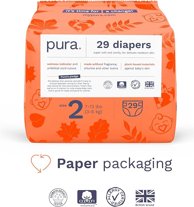 Pura Hypoallergenic Diapers Size 2 (7-13 lbs) Monthly Pack, Totally Chlorine Free, Wetness