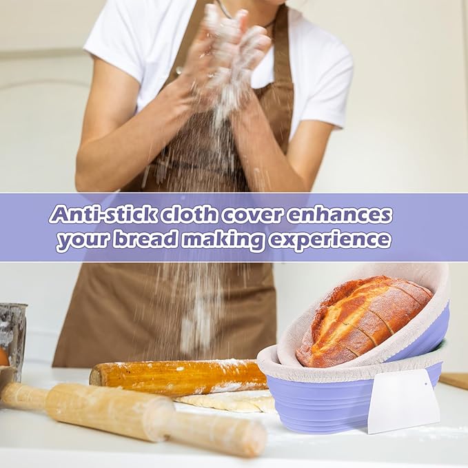 Nuogo 4 Pack Oval Bread Proofing Basket Silicone 10 Inch Collapsible Sourdough Bread Baking