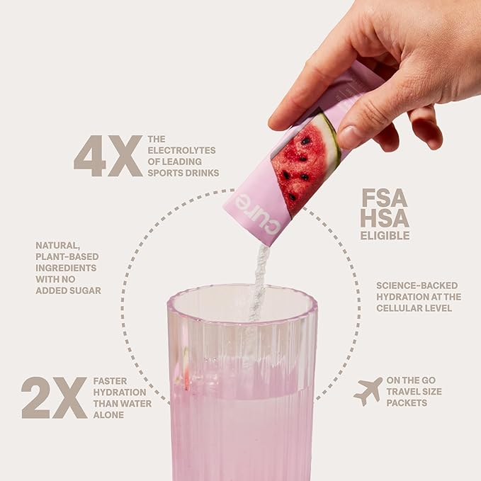 Cure Hydration | Plant-Based Electrolyte Drink Mix | No Added Sugar | FSA-HSA | Dehydration Relief