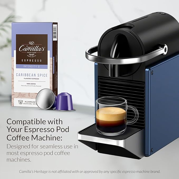 Camilla’s Heritage - Intensity 8 Caribbean Spice Flavored Espresso Coffee, Gourmet Espresso Cups