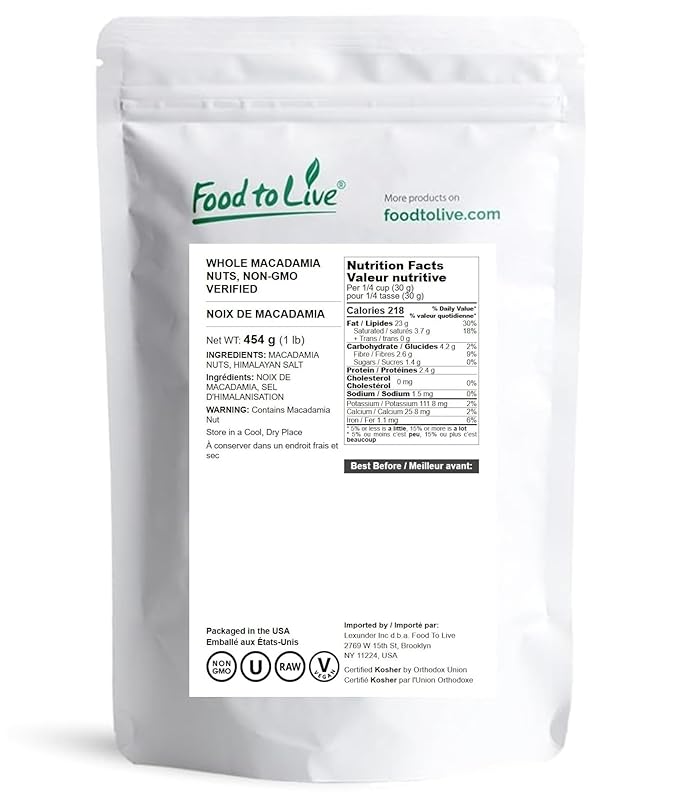 Food to Live Whole Macadamia Nuts, 1 Pound – Non-GMO Verified, Raw, Unsalted, Unroasted, Keto
