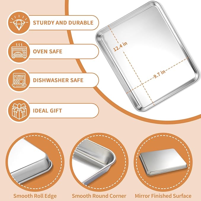 Stainless Steel Baking Sheet Set of 2, Deedro Cookie Sheet Metal Baking Pan Oven Tray, Non Toxic &