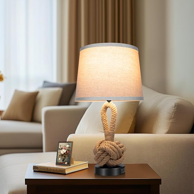 22" Rope Lamps for Night Stands, Bedside Lamps Set of 2, Boho Table Lamps for Living Room End