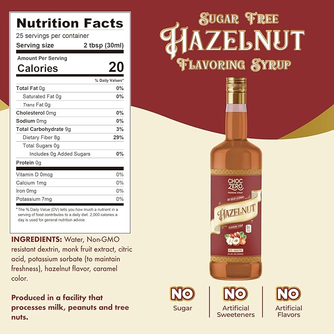 ChocZero Sugar Free Hazelnut Syrup for Coffee - Keto Flavoring Syrups - Low Calorie Simple Syrup