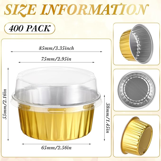 Gejoy 400 Pcs Aluminum Foil Baking Cups with Lids 5 oz Disposable Ramekins Mini Cake Pans Creme