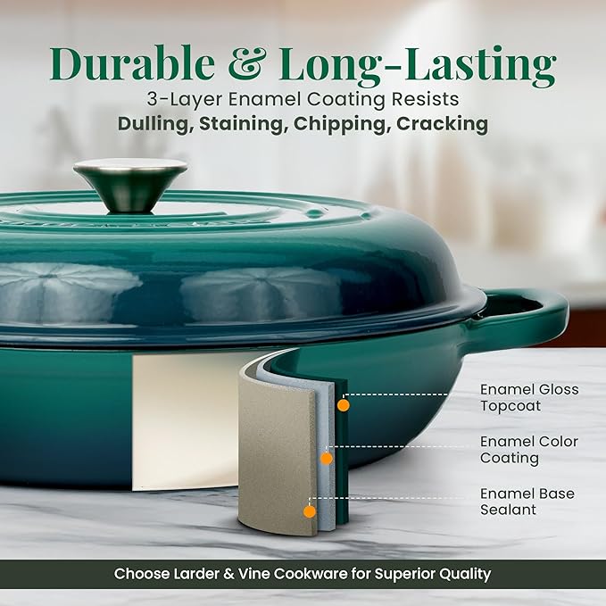 Larder & Vine Enameled Cast Iron Braiser | 3.6 qt Braiser Pan with Lid | Shallow Dutch Oven