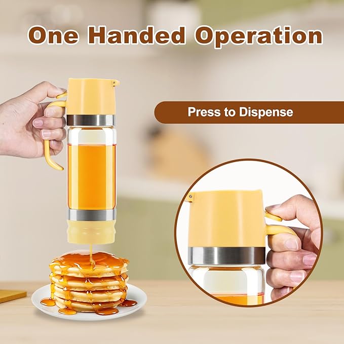 Glass Honey Dispenser No-Drip with Handle – 12 oz Maple Syrup Jar Dispenser for Coffee, Pancakes &