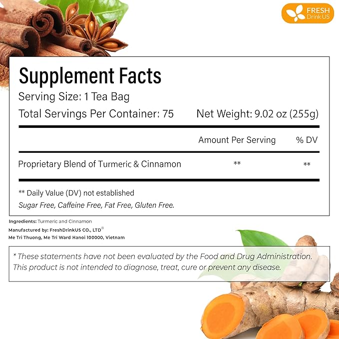 FreshDrinkUS, Premium 75 Turmeric Cinnamon Tea Bags, 100% Natural, Blend of Turmeric, and Cinnamon.