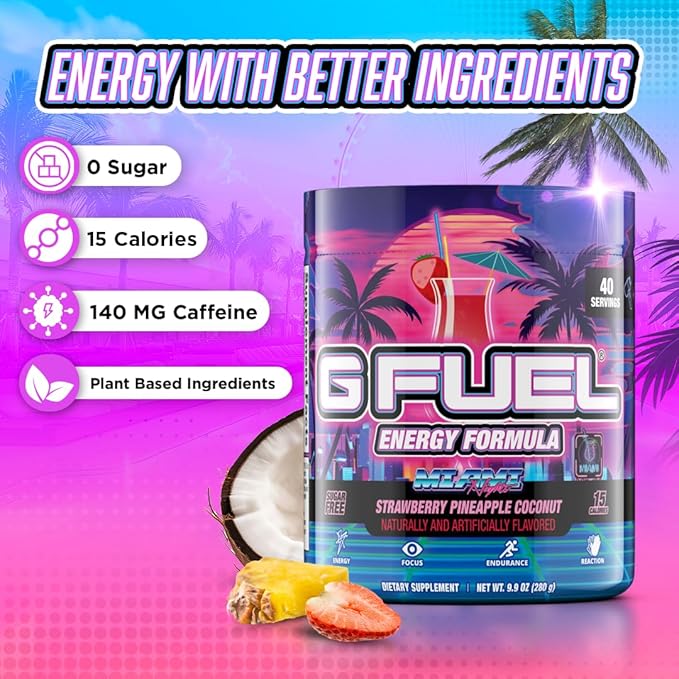G Fuel Miami Nights Energy Drink Powder, Pre Workout Caffeine Mix for Gaming, Sugar Free Focus