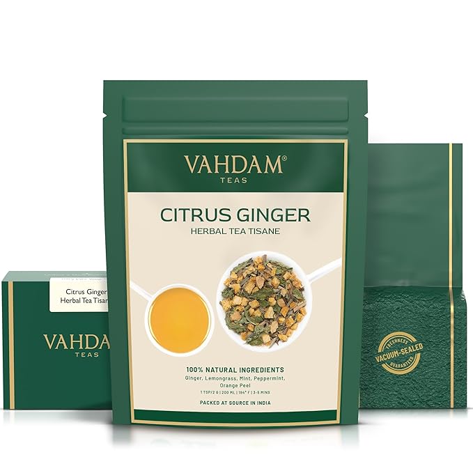 VAHDAM, Citrus Ginger Herbal Tea Tisane (50 Cups, 3.53 oz) Gluten Free, Non GMO | Ginger
