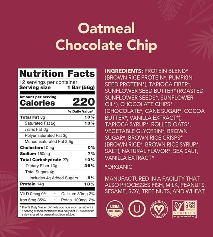 ALOHA Organic Plant Based Protein Bars - Oatmeal Chocolate Chip - 12 Count, 1.9oz Bars - Vegan