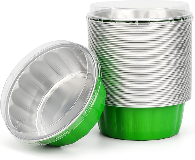 Beasea Disposable Ramekins 8oz, 50 Pack Foil Cups with Lids Cupcake Cups Grass Green Aluminum Foil