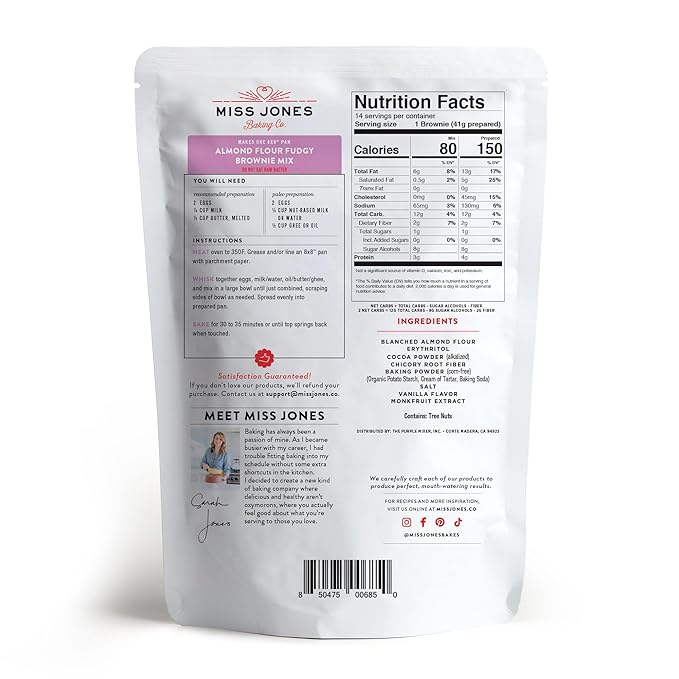 Miss Jones Baking Brownie Mix - Almond Flour, Gluten Free, Low Carb, No Sugar Added, Naturally