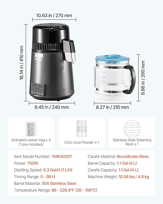 VEVOR Water Distiller, 4L 1.1 Gallon Pure Water Purifier Filter for Home Table Countertop, 750W