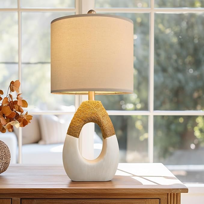OYEARS Boho Table Lamps Bedroom Living Room Set 2 Small Farmhouse Rattan Table Lamp 19”Rustic Home