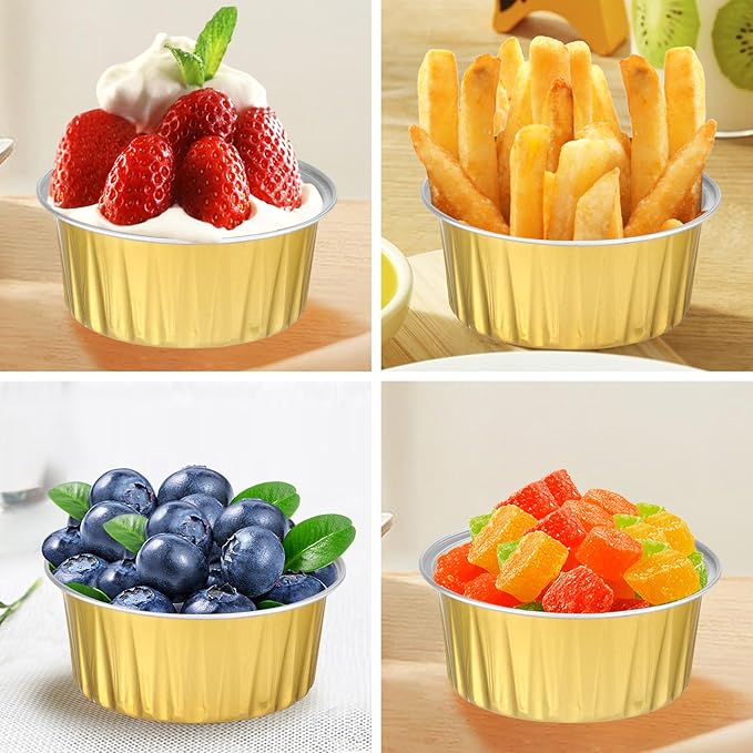 200Pack 5oz Gold Mini Cake Pans with Lids and Spoons Baking Cups Aluminum Foil Tins, Individual