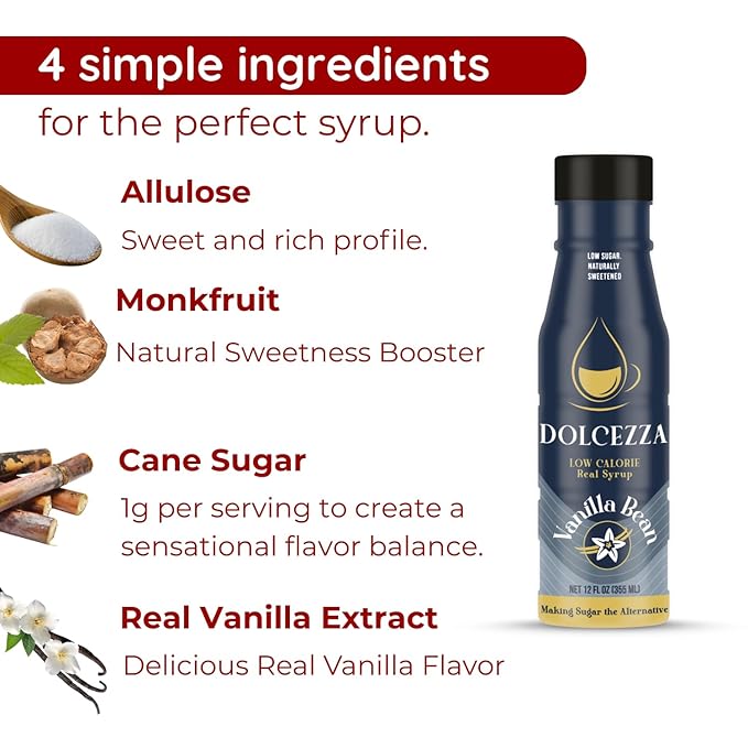 Dolcezza Vanilla Allulose Syrup, All Natural Low Sugar Sweetener for Coffee, Mixed Drinks and