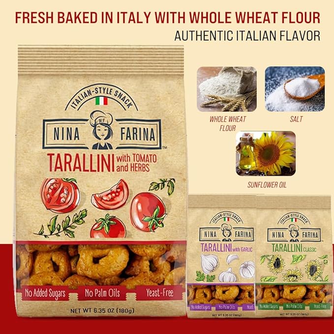 NINA FARINA Tarallini Variety Pack-Fresh Baked Italian Crackers Free from Added Sugars, Palm Oils &