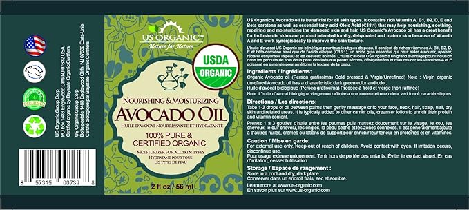 US Organic Avocado Oil Unrefined Virgin, USDA Certified Organic, 100% Pure & Natural, Cold Pressed