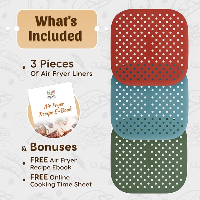 Reusable Square Silicone Air Fryer Liners (7.5 Inch, 3 Pack) by Linda’s Essentials - Non-Stick