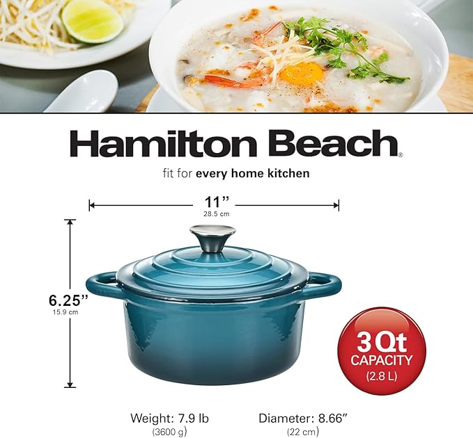 Hamilton Beach 3-Quart Enameled Cast Iron Dutch Oven, Navy with Cream Interior | Even Heat