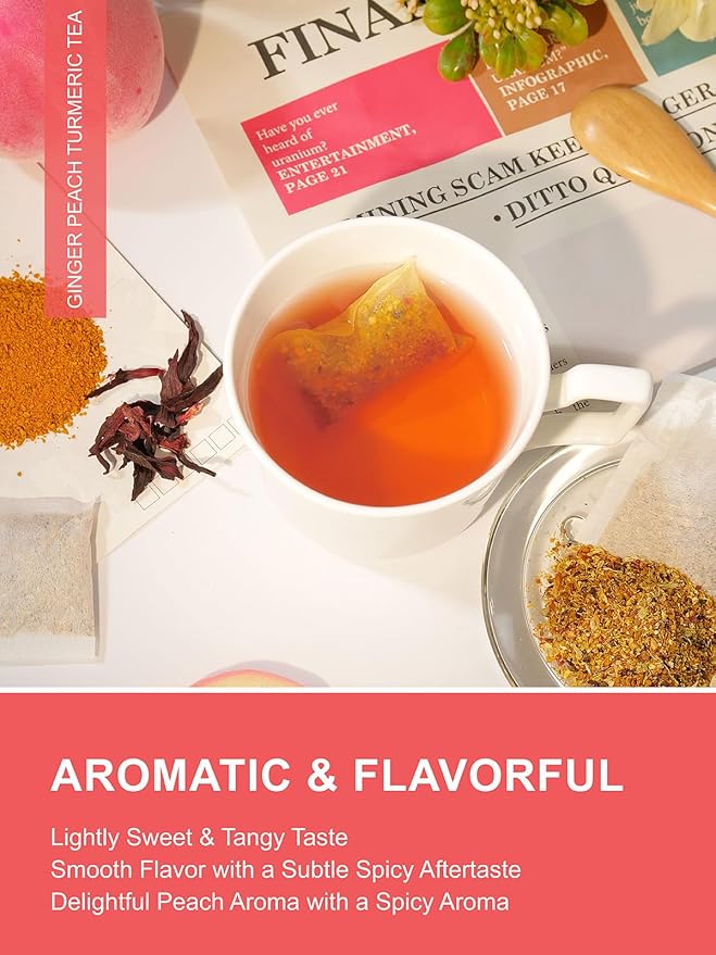 TeeLux Ginger Peach Turmeric Tea Bags, Warm Ginger with Tart Hibiscus & Soothing Chamomile, Tart &