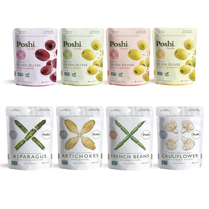 Poshi Olives + Veggies | Whole Pitted Olives 4 Flavor Variety | Poshi 4 Flavor Variety | Vegan