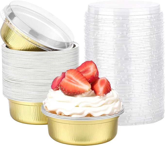 Beasea Aluminum Ramekins With Lids, 50 Pack 8.8oz 260ml 4 Inch Disposable Foil Aluminum Baking Cups