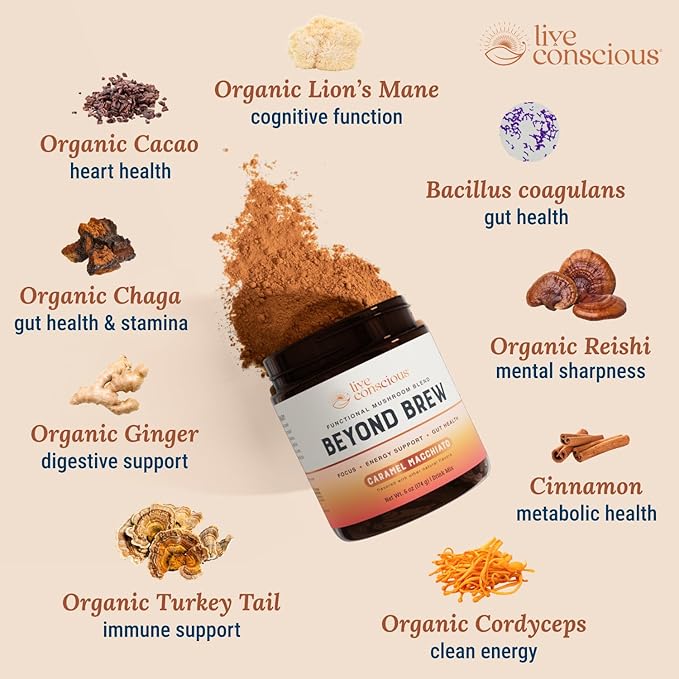 Beyond Brew Caramel Macchiato Coffee Alternative - Low Caffeine Superfood - Powerful Mushroom
