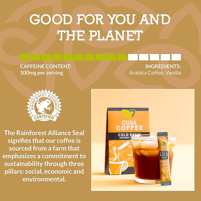 Cusa Tea & Coffee | Premium Instant Vanilla Dark Roast | Rainforest Alliance Certified Arabica