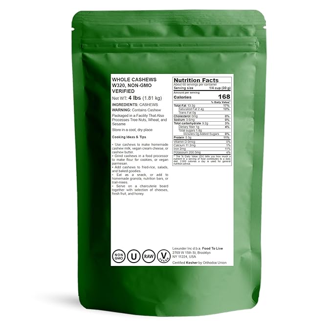 Food to Live Raw Cashews, 4 Pounds ??Non-GMO Verified, Deluxe Whole Nuts, Unsalted, Unroasted, Size