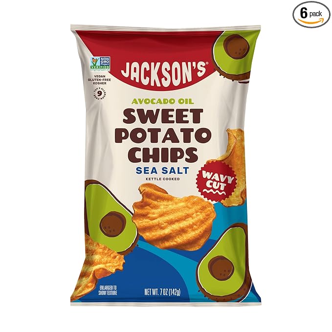 Jackson???Wavy Sweet Potato Kettle Chips - with Sea Salt made with Premium Avocado Oil (7oz, Pack